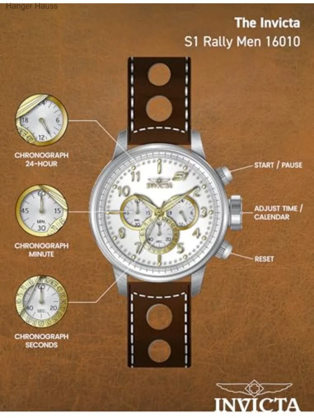 Stainless Steel Men's Quartz Watch 48mm Leather Band Chronograph